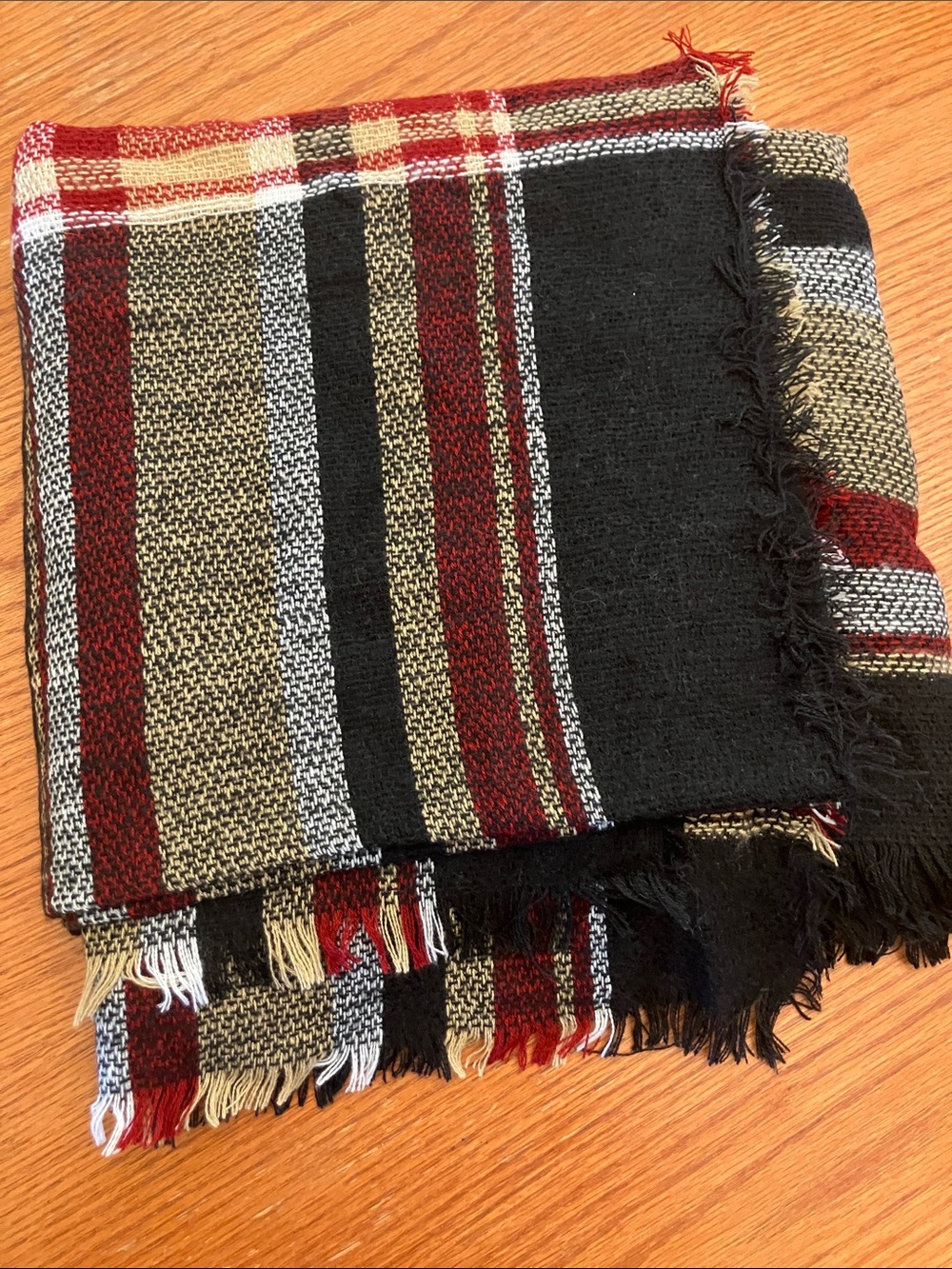 Striped Fringe Plaid Blanket Scarf in Black, Red & Tan